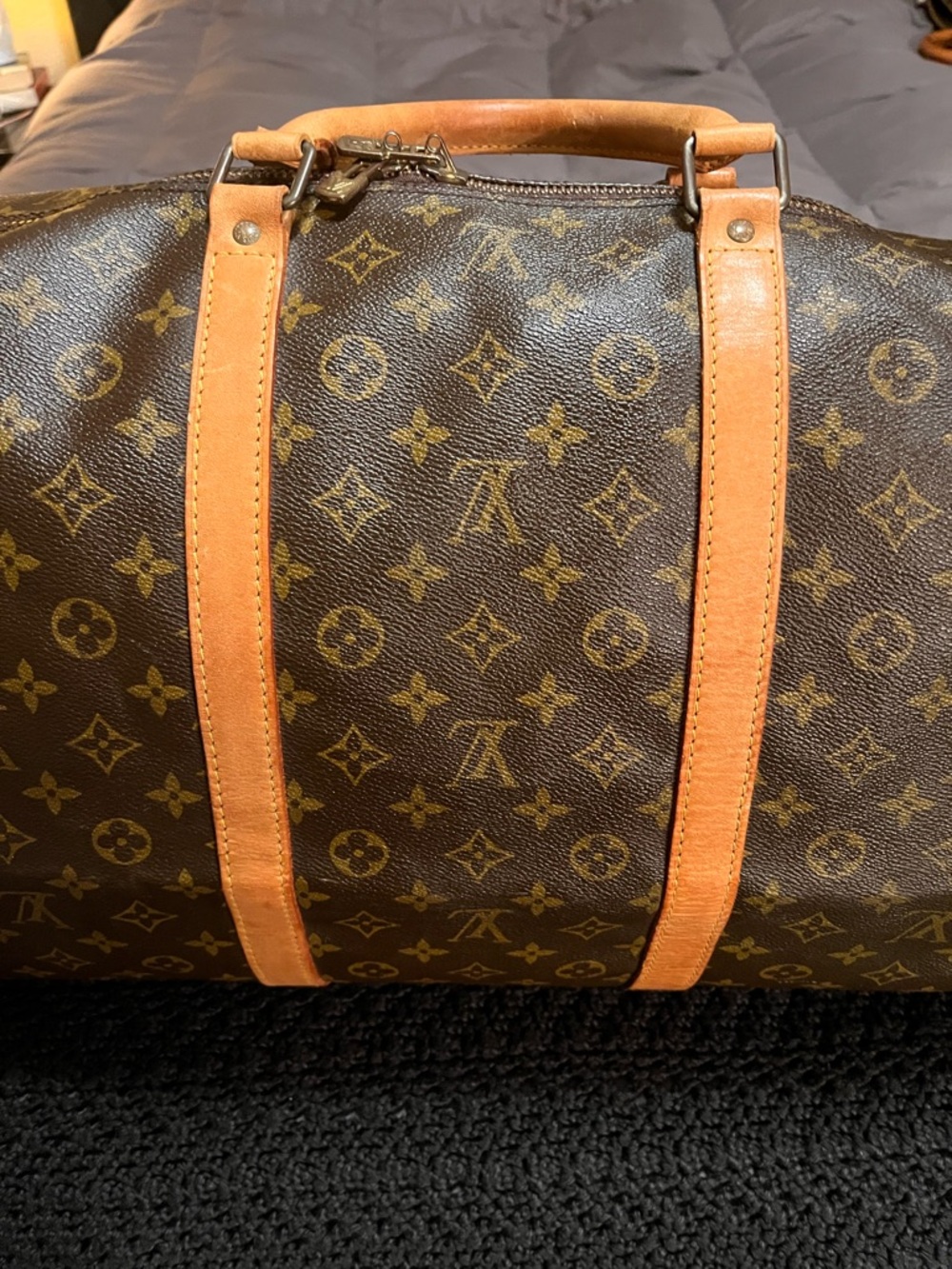 Louis Vuitton Brown Monogram Keepall Duffel Bag with Tan Leather Trim - Picture 4 of 16